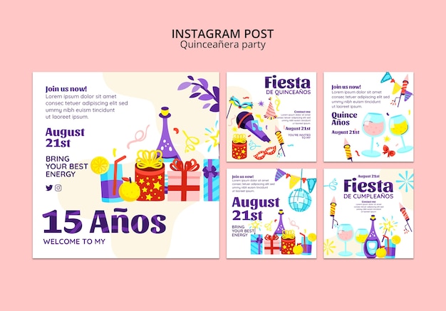 Free PSD flat design quinceañera party instagram posts