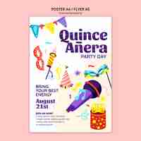 Free PSD flat design quinceañera party poster template