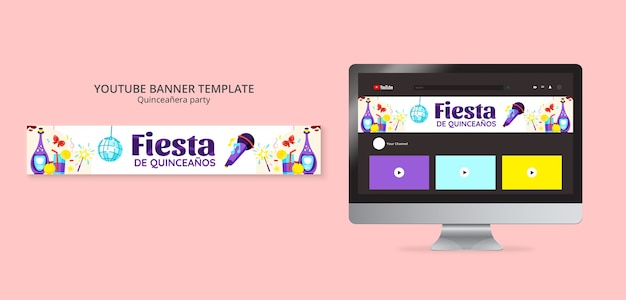 PSD gratuito banner di youtube per feste quinceañera dal design piatto