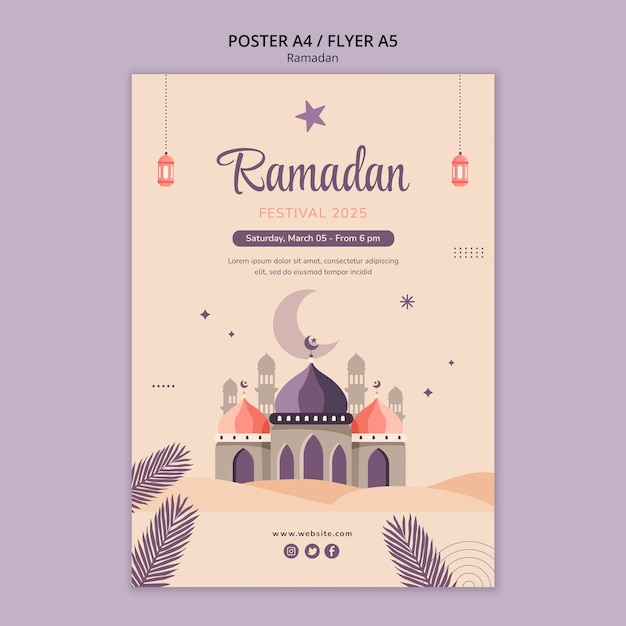 Бесплатный PSD Плакат празднования рамадана в плоском дизайне