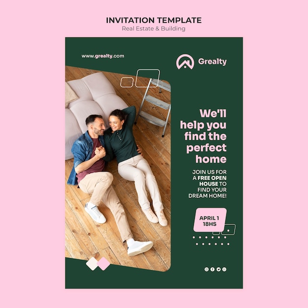 Free PSD flat design real estate invitation template