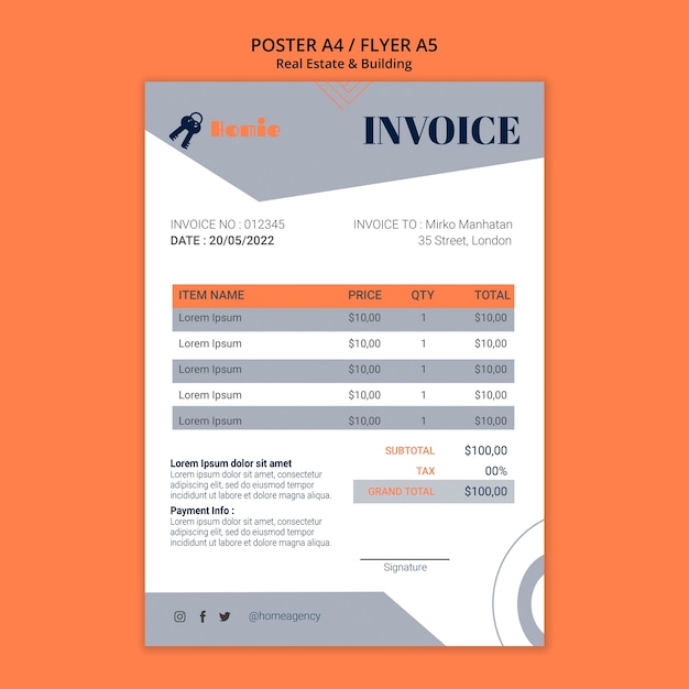 Flat design real estate invoice template