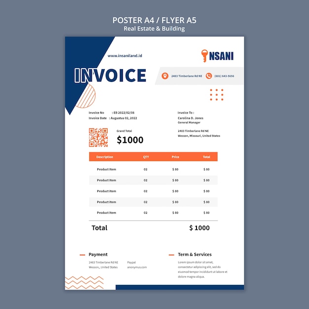 PSD gratuito modello di fattura immobiliare design piatto