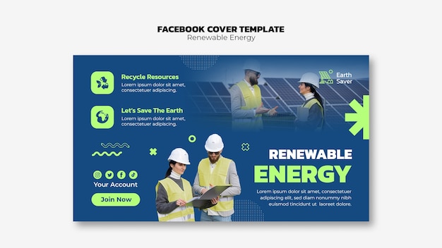 Бесплатный PSD Плоский дизайн обложки facebook для возобновляемых источников энергии