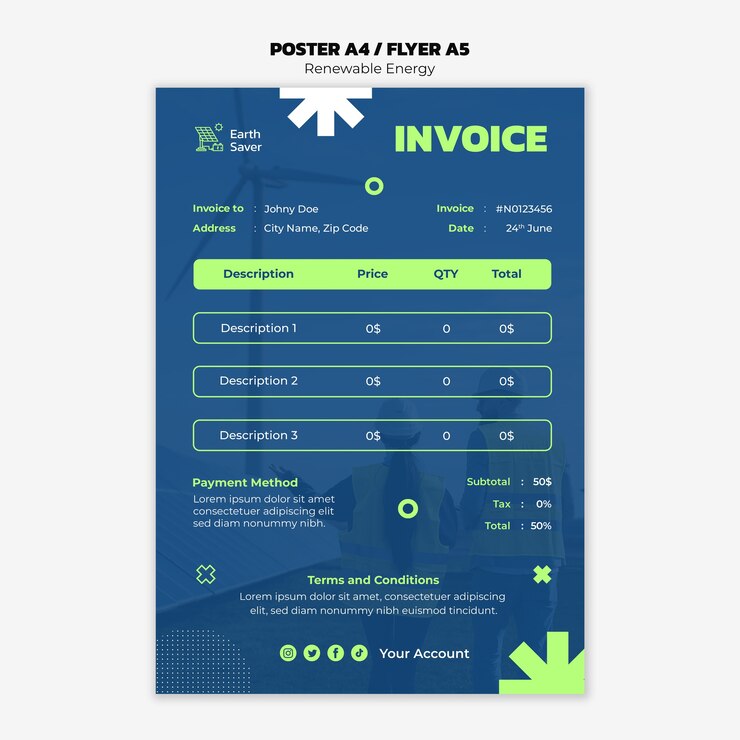 Free PSD flat design renewable energy invoice template