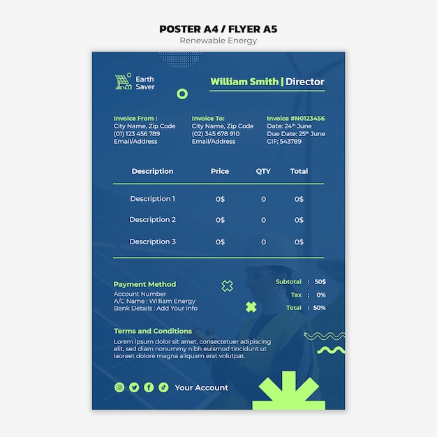 Free PSD flat design renewable energy invoice template