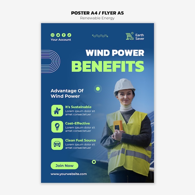 Бесплатный PSD Шаблон плаката возобновляемой энергии в плоском дизайне