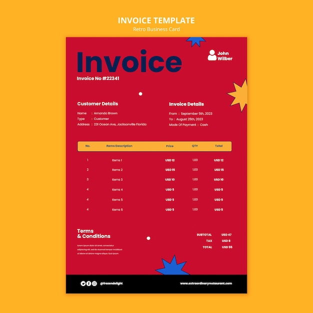 Flat design retro business card invoice