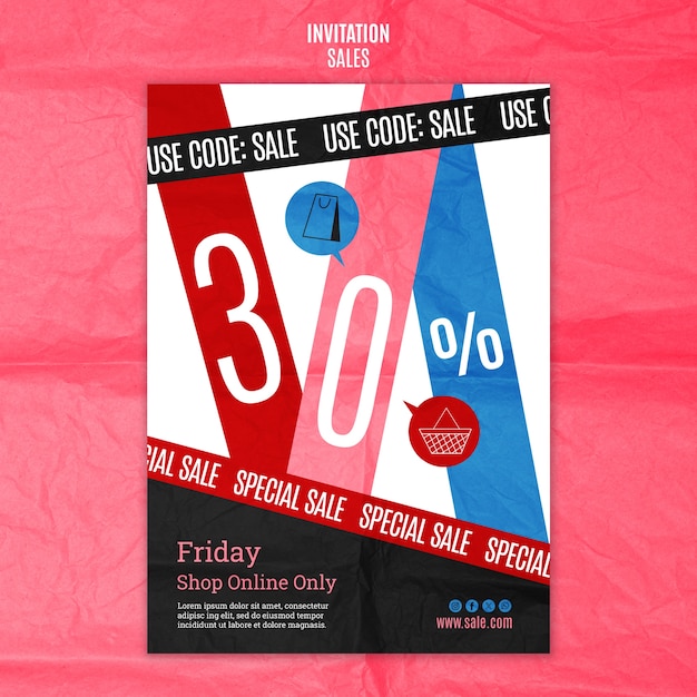 Free PSD flat design sales discount invitation template