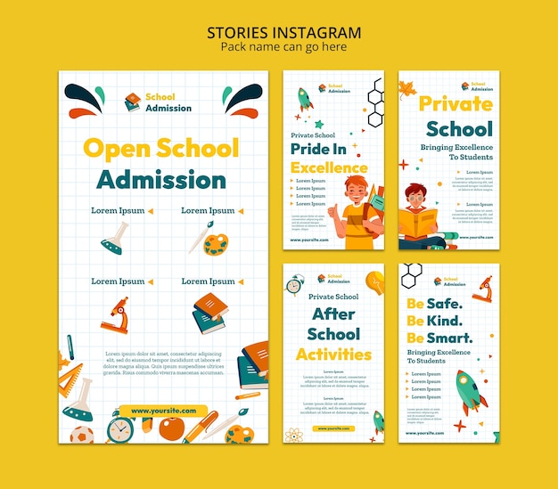 PSD gratuito storie di instagram per l'ammissione alla scuola di design piatto