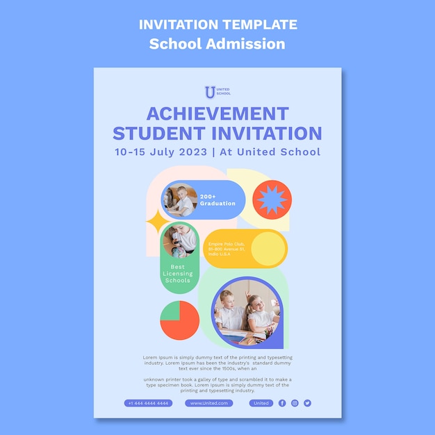 Free PSD flat design school admission invitation template