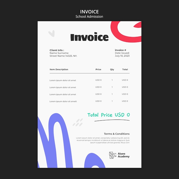 Flat design school admission invoice template