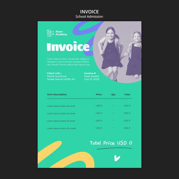 Free PSD flat design school admission invoice template