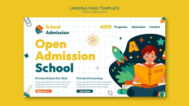 PSD gratuito pagina di destinazione per l'ammissione alla scuola di design piatto