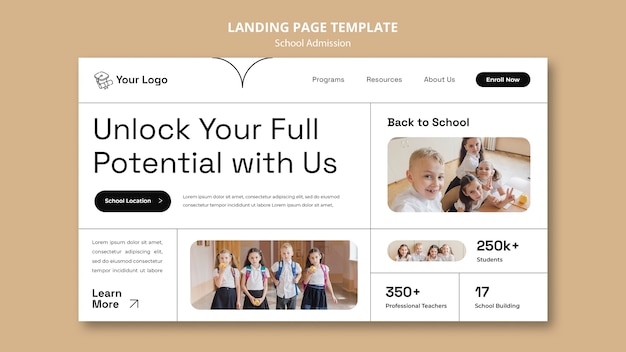 Free PSD flat design school admission landing page