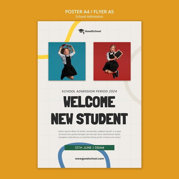 PSD gratuito modello di poster di ammissione alla scuola di design piatto