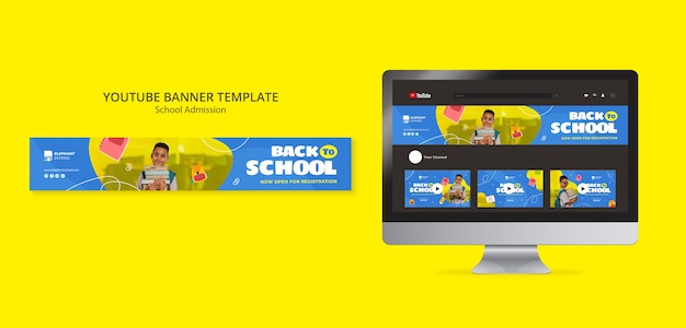 Бесплатный PSD Баннер youtube для приема в школу с плоским дизайном