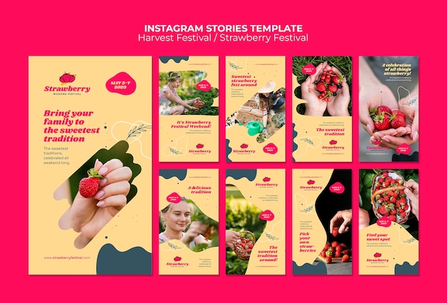 Шаблон историй instagram фестиваля клубники в плоском дизайне