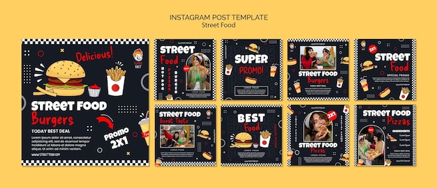 無料PSD フラットなデザインの屋台の食べ物の instagram の投稿