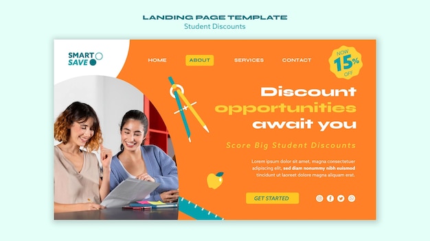 Free PSD flat design student discounts landing page