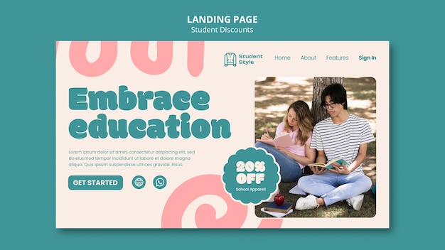 Бесплатный PSD Лэндинг-страница с скидками для студентов с плоским дизайном