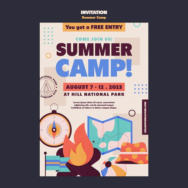 무료 PSD 평면 디자인 여름 캠프 초대장 서식 파일