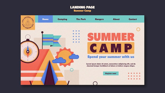 무료 PSD 평면 디자인 여름 캠프 방문 페이지