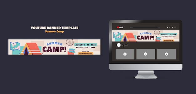 Flat design summer camp youtube banner template