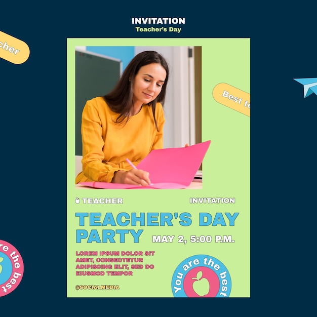 Free PSD flat design teacher's day invitation template