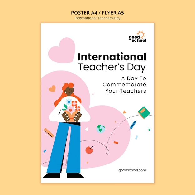 Free PSD flat design teacher's day poster template