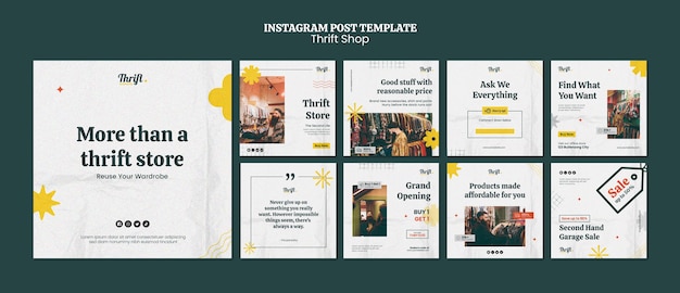 PSD gratuito set di post instagram del negozio dell'usato dal design piatto