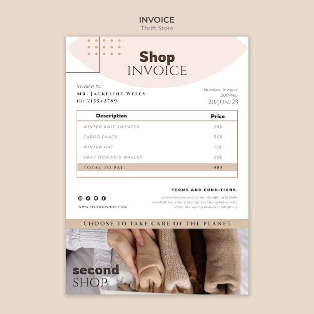 Free PSD flat design thrift store invoice template