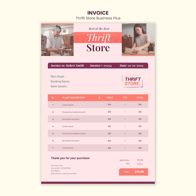 Free PSD flat design thrift store invoice template