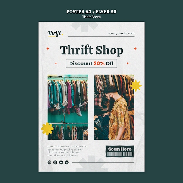 Free PSD flat design thrift store poster template