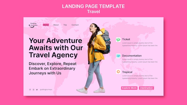 Free PSD flat design travel adventure landing page