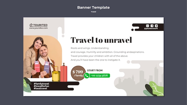 PSD gratuito design piatto modello di banner di viaggio di design