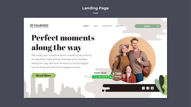 Free PSD flat design travel landing page template design