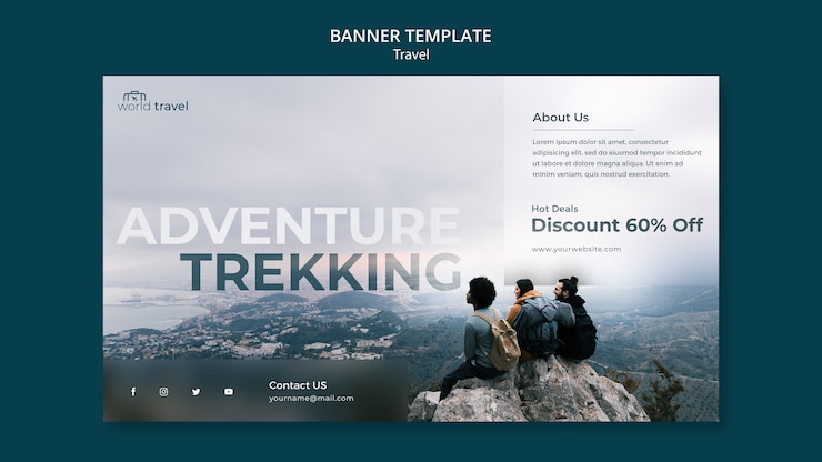無料PSD バナーのフラットなデザインの旅行テンプレート