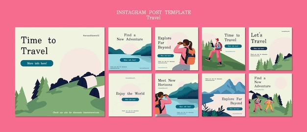 PSD gratuito set di post instagram da viaggio dal design piatto