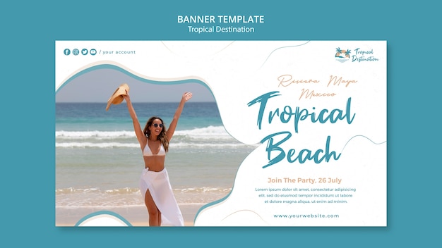 PSD gratuito modello di design piatto banner destinazione tropicale