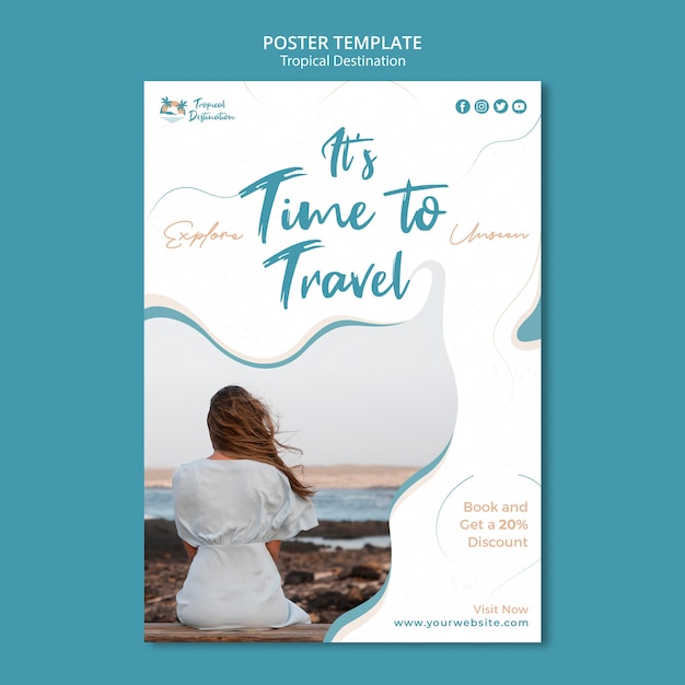 Free PSD flat design tropical destination poster design template