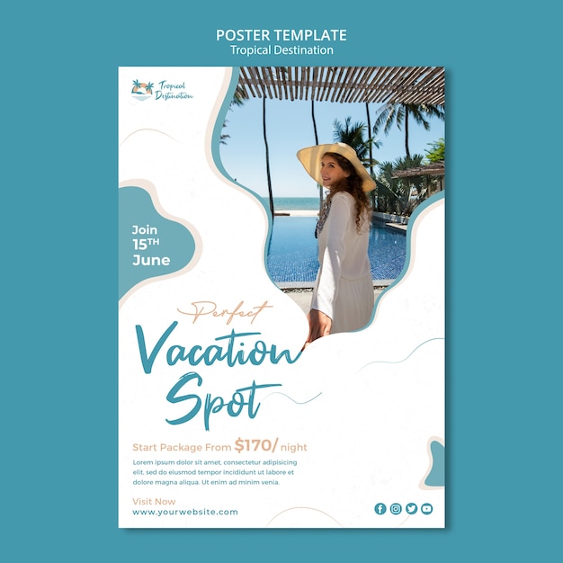Free PSD flat design tropical destination poster design template