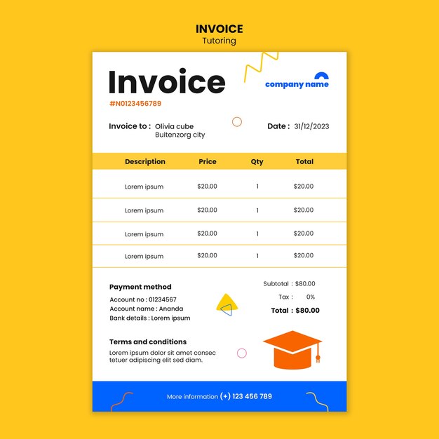 Free PSD flat design tutoring job invoice template