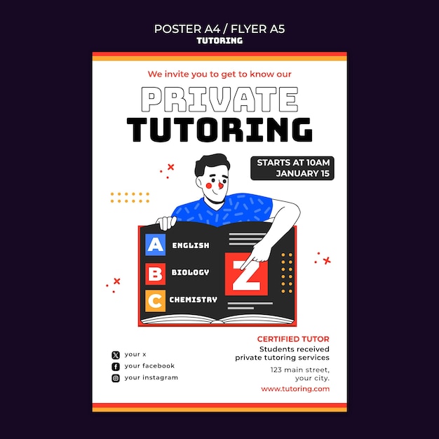 PSD gratuito modello di poster di lavoro di tutoraggio di design piatto