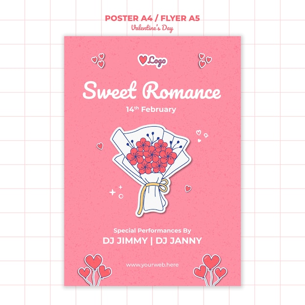 PSD gratuito modello di poster di san valentino design piatto