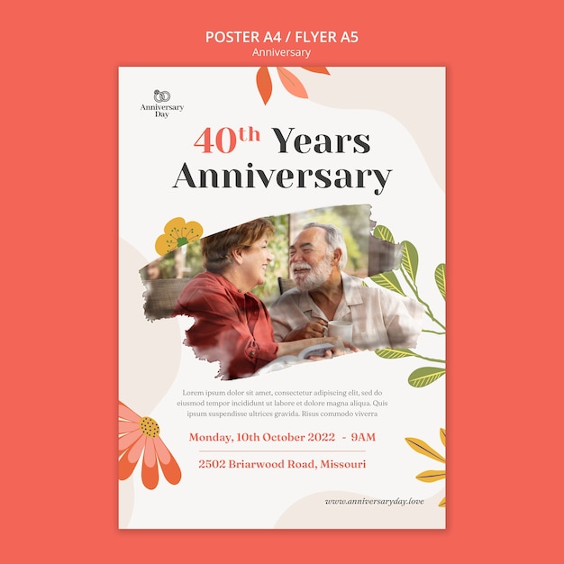 PSD gratuito modello di anniversario di matrimonio design piatto