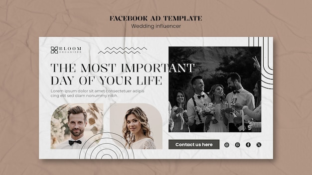 Template facebook per influencer di matrimoni a disegno piatto