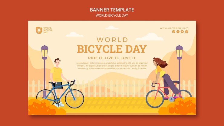 Free PSD flat design world bicycle day banner template