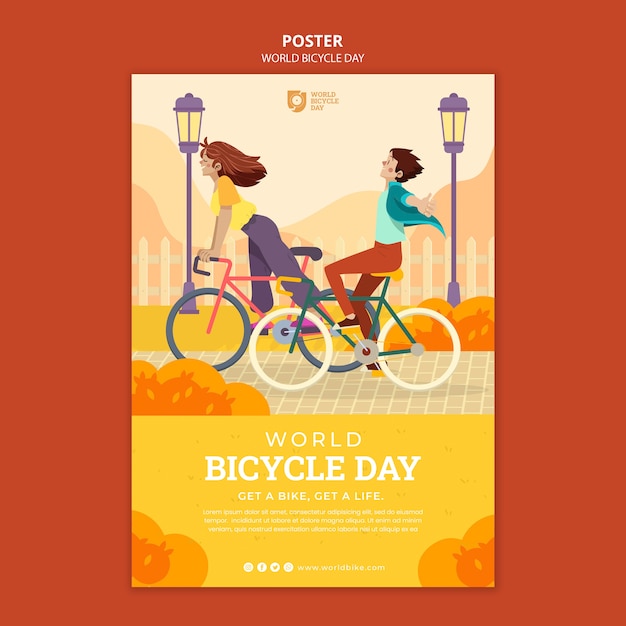 Free PSD flat design world bicycle day poster template