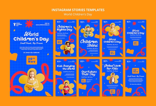 PSD gratuito storie di instagram per la giornata mondiale dei bambini dal design piatto